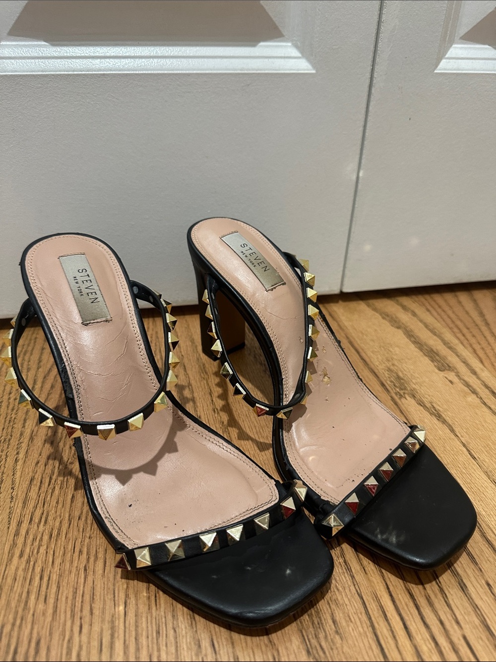 Steven Black Studded Block Heel Sandals with Gold Studs